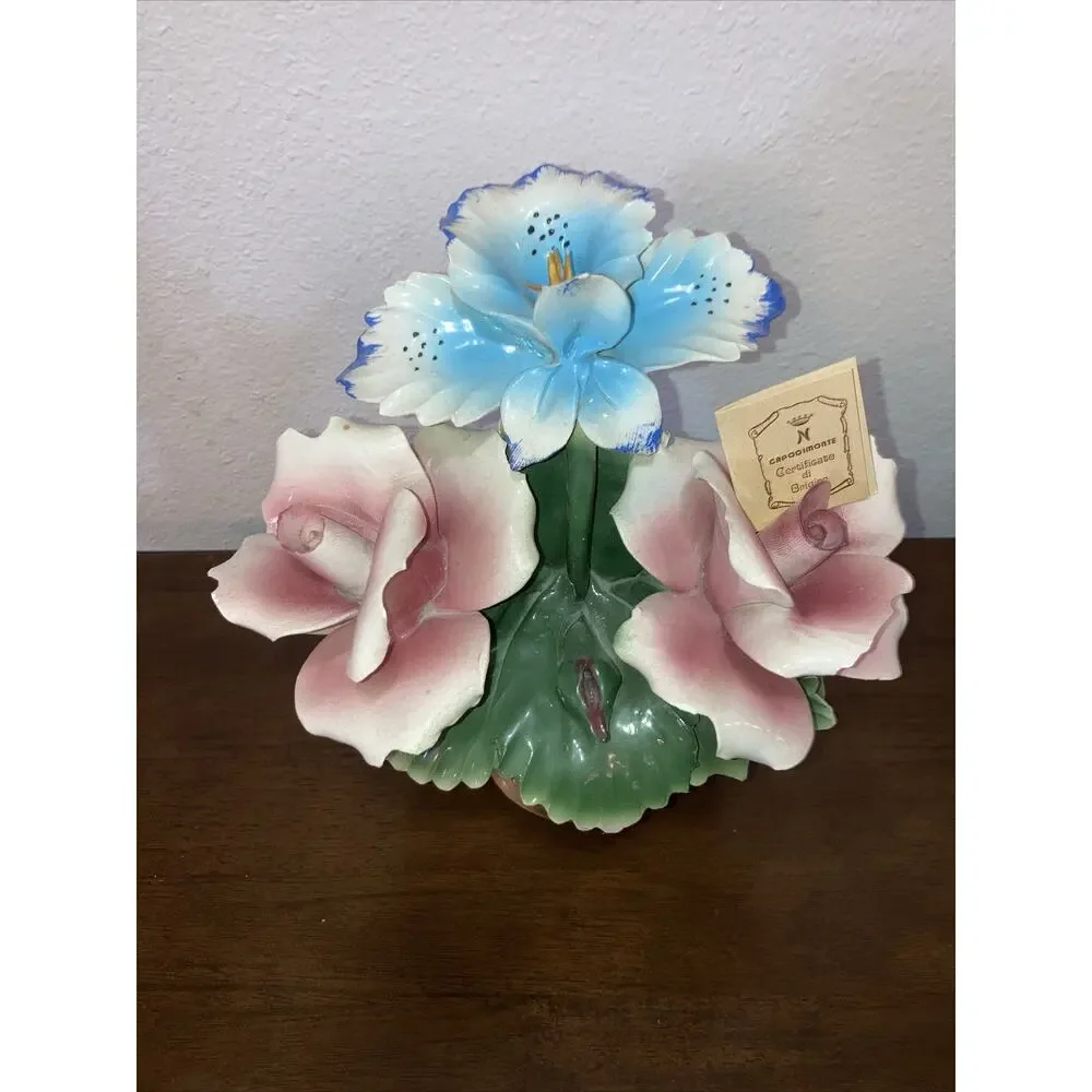Vintage Italy Nuova Capodimonte Basket Urn Bouquet 3 pink Roses blue Orchid
